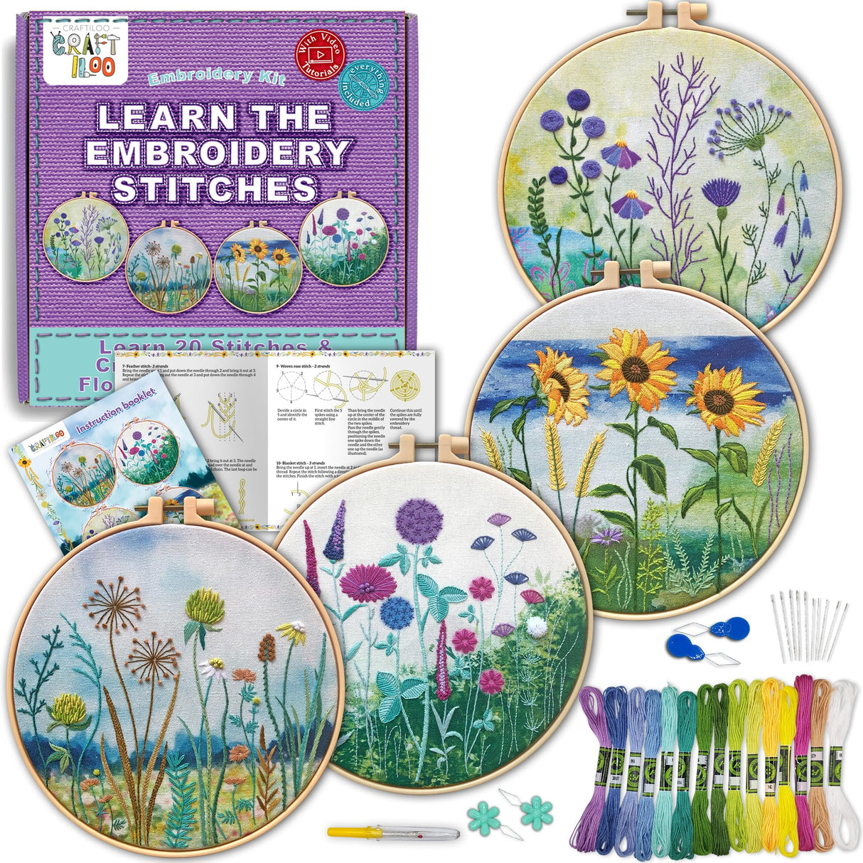 CRAFTILOO 4 Pack Embroidery Kit for Beginners Stamped Cross Stitch Kits for Beginners Needlepoint Kits for Adults Sunflower Cross Stitch Embroidery Kits Needlework Kit DIY Crafts for Woman CRAFTILOO