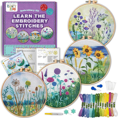 CRAFTILOO 4 Pack Embroidery Kit for Beginners Stamped Cross Stitch Kits for Beginners Needlepoint Kits for Adults Sunflower Cross Stitch Embroidery Kits Needlework Kit DIY Crafts for Woman