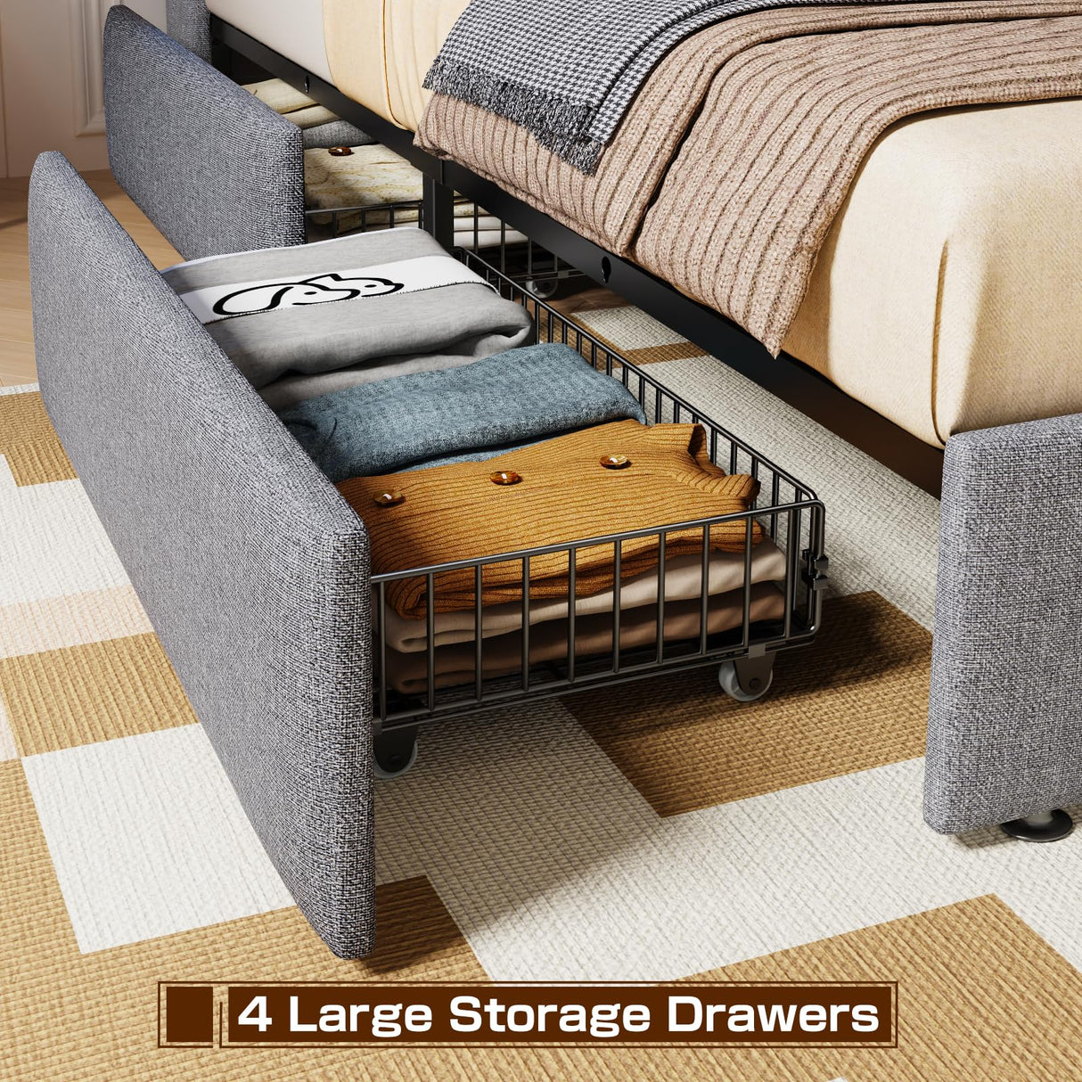 Driftalia King Size Upholstered Bed Frame with LED Lights and 4 Storage Drawers - Light Grey Driftalia