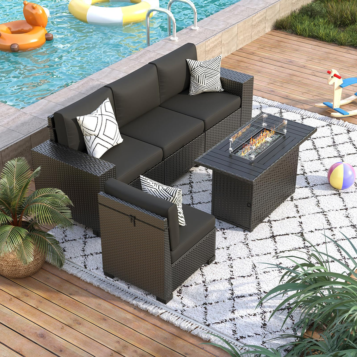 VONZOY 5 Piece Patio Furniture Set with Fire Pit Table, Outdoor Sectional Conversation Sets Black Wicker Rattan Sectional Sofa for Patio Garden Backyard, 4'' Thickened Cushion Black VONZOY