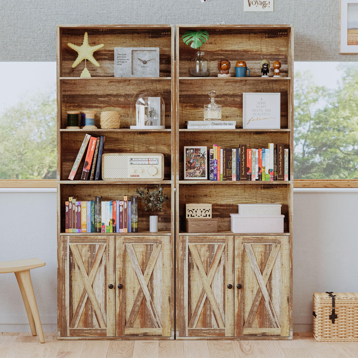 Industrial Brown 6-Tier Bookshelf with Doors – IRONCK Floor Standing Storage for Home Office and Living Room IRONCK