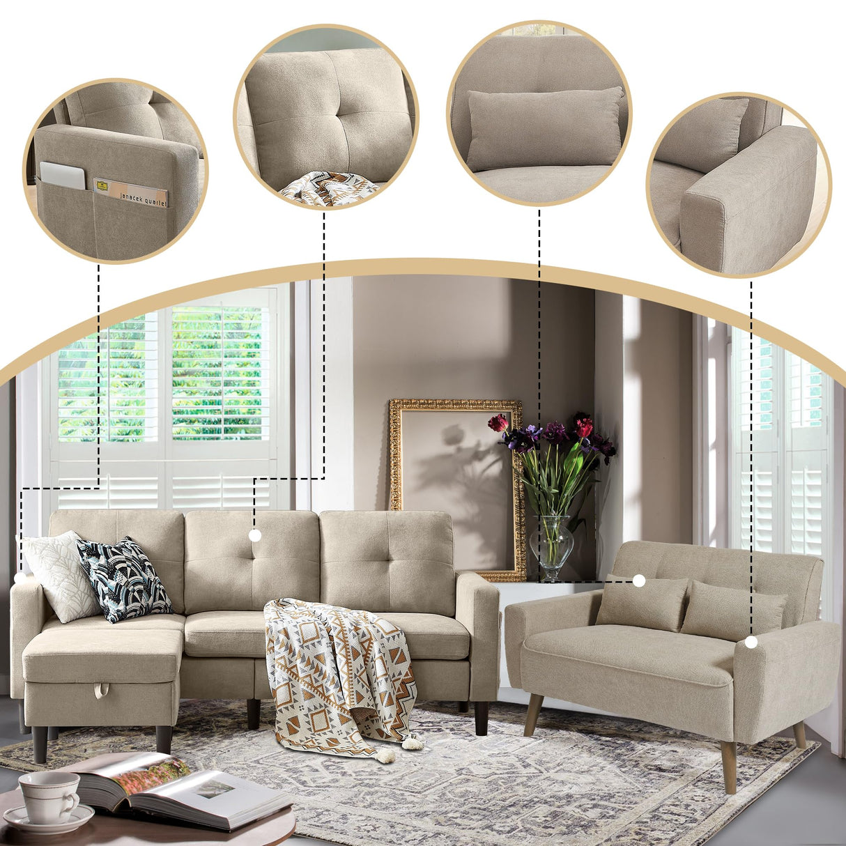 Pingliang Home 2 Piece Comfy Couch Set, 3 Seater & 2-Seater Sofa and Loveseat Set with Ottoman, Modern Sofa Sets for Living Room/Apartment/Office, Beige Pingliang Home