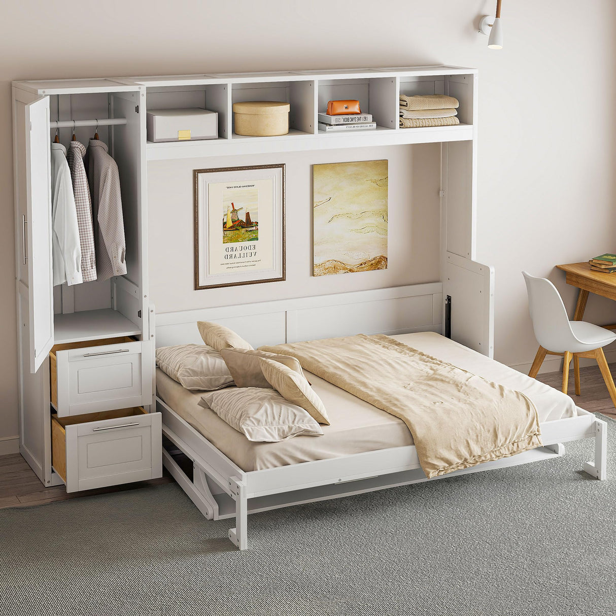 Ball & Cast Full Size Murphy Bed Wall Platform Bedframe with Closet and Storage Drawers,Wood Cabinet Chest can be Folded,Easy Assembly,for Kids Bedroom,Student Dorms,White Ball & Cast