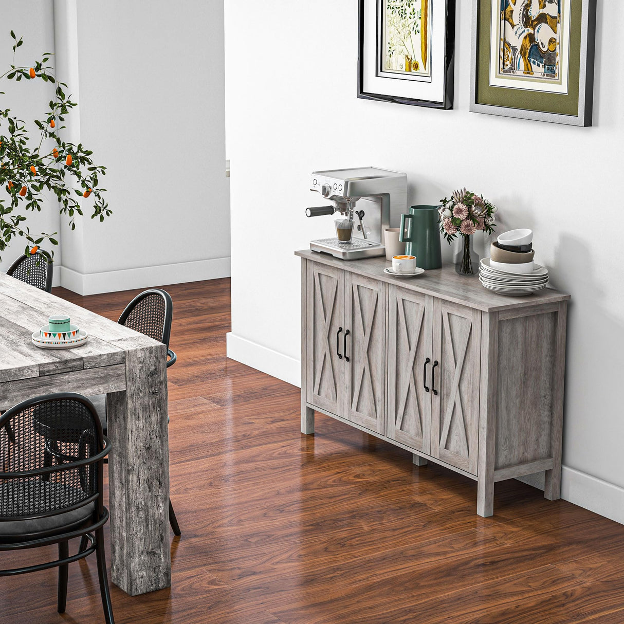 HOMCOM Buffet Cabinet, 47" Sideboard with 4 Barn Doors and 2 Adjustable Shelves, Farmhouse Coffee Bar Cabinet, Gray Wood Grain HOMCOM