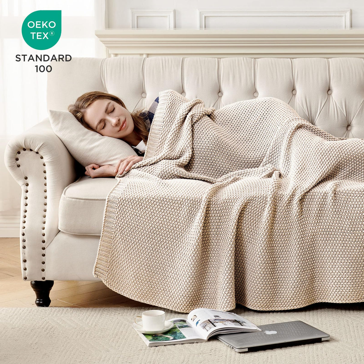 Joydeco Chunky Cable Knit Throw Blanket, Lightweight 100% Organic Cotton Soft Cozy Throw Twin Blanket for Couch Bed and Sofa, Rustic Breathable Farmhouse Blanket Gift for Women Men(Beige, 51"x63") Joydeco