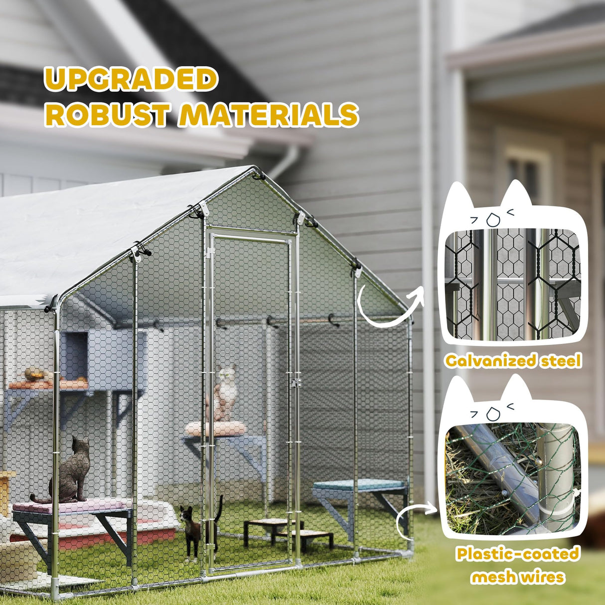 PawHut Catio Outdoor Cat Enclosure, 94.5" Extra Large Walk-in Cat House with Waterproof Cover, 2 Resting Boxes, 7 Jumping Platforms, Chicken Run Coop, Rabbit Hutch, Feral Cat Shelter for Multiple Cats PawHut