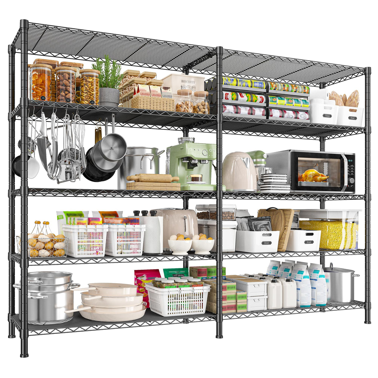 REIBII REIBII1450LBS Metal Shelving Unit Storage Shelves 5 Tier Wire Shelving 58.1''W Pantry Shelves Wire Shelf Adjustable Garage Shelving Heavy Duty Storage Rack for Pantry Kitchen Garage, Black REIBII