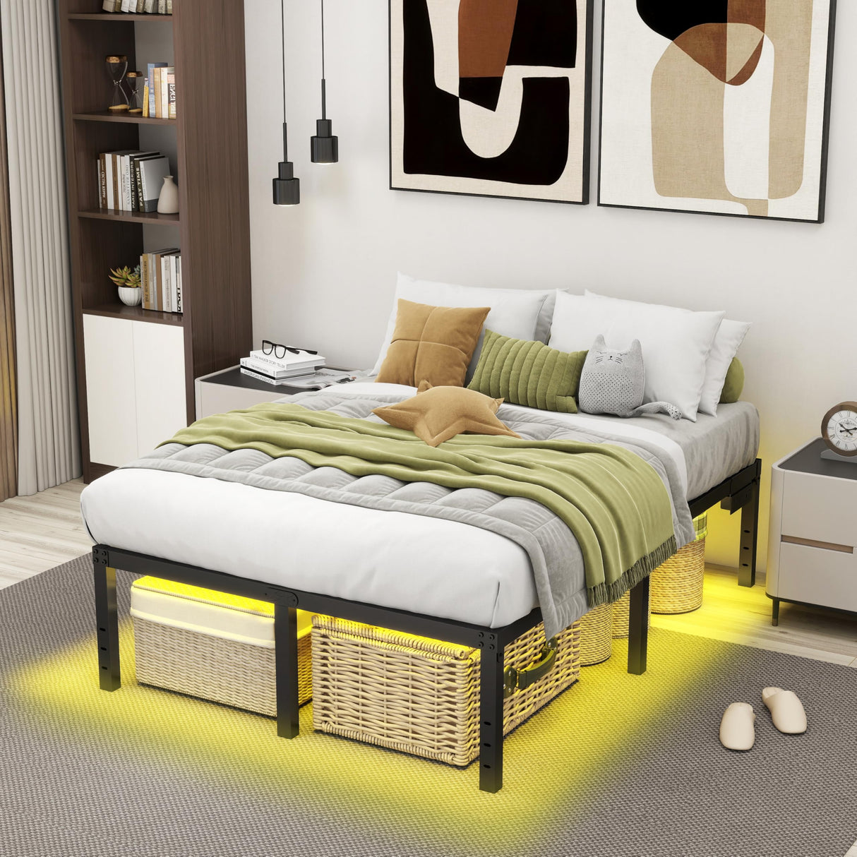 Full Size Bed Frame with LED Lights 14 Inch Platform Bed Frame Full with Charging Station Black Metal Mattress Foundation no Box Spring Needed Led Bed with Large Storage Space,Anti-Noise(Full) HusDream