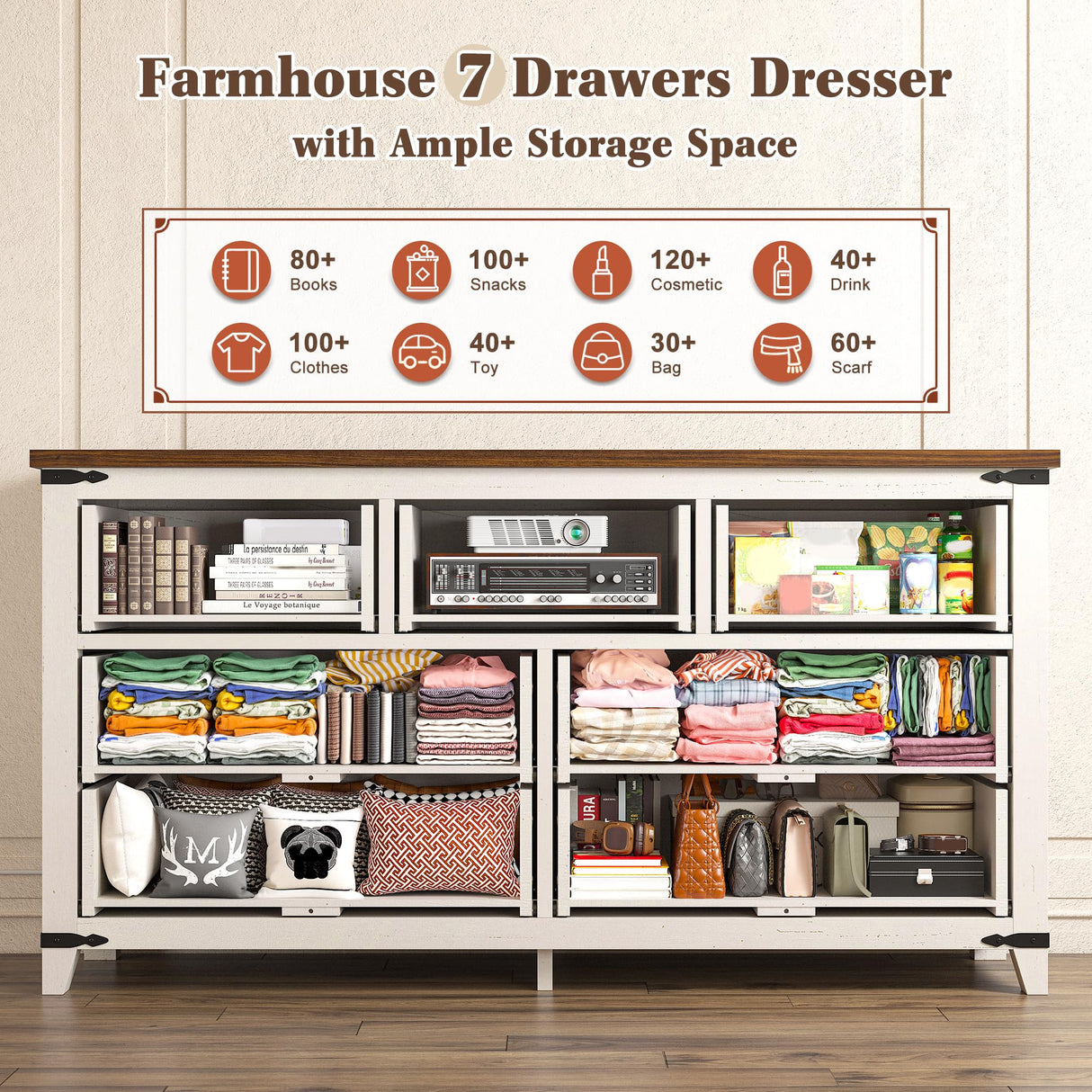 EnHomee Farmhouse 7 Drawers Dresser for Bedroom 51" Wide Wood Dressers & Chests of Drawers White Dresser with Natural Texture Bedroom Dresser TV Stand for Bedroom, Hallway, Closet, Antique White EnHomee