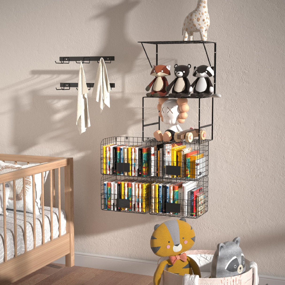 Niovrooro Garage Shelving Wall Mounted with Wire Baskets and Hooks,Basement Hanging Storage and Organizers,Heavy Duty Organization Shelves,Wall Storage Rack Niovrooro