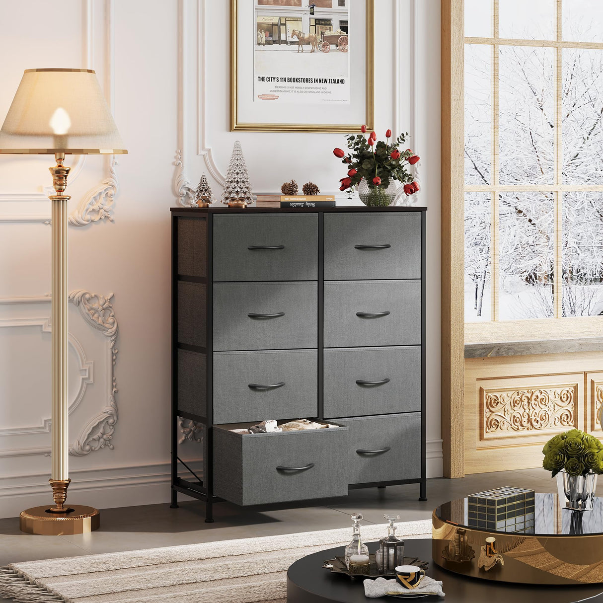 WLIVE Fabric Dresser for Bedroom, Tall Dresser with 8 Drawers, Storage Tower with Fabric Bins, Double Dresser, Chest of Drawers for Closet, Living Room, Hallway, Dark Gray WLIVE