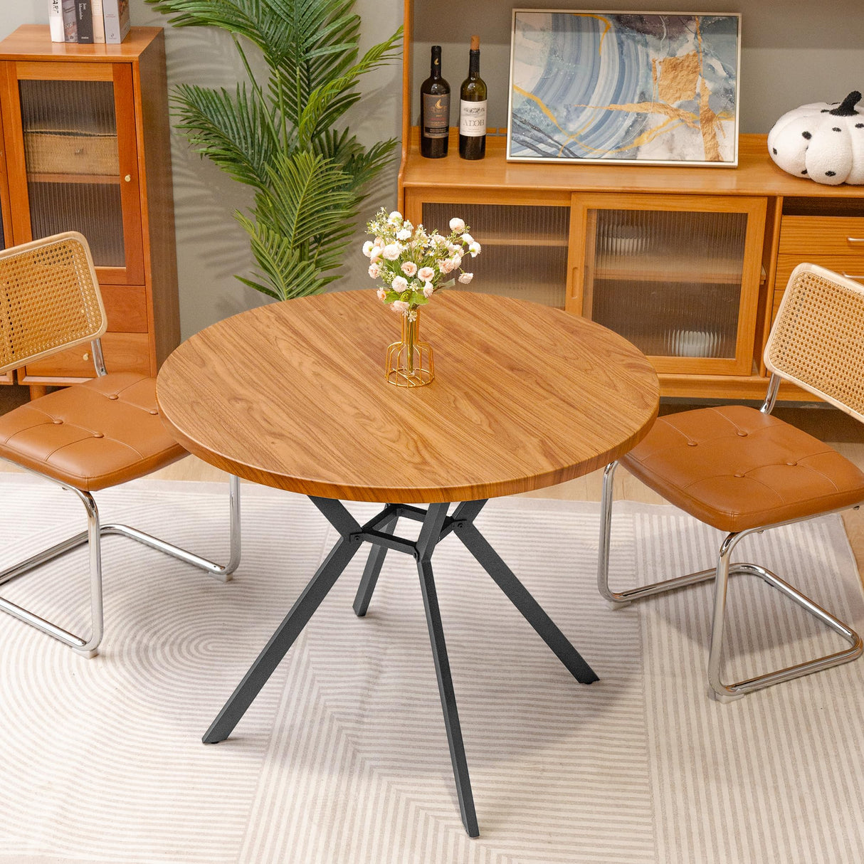 Recaceik 39" Walnut Round Dining Table for 4-6 People with Square Metal Base Recaceik