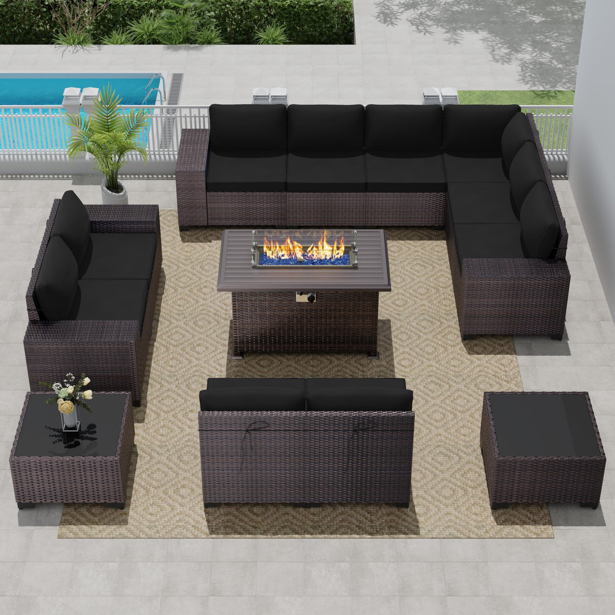 RTDTD Outdoor Patio Furniture Set with Propane Fire Pit Table, 13 Pieces Outdoor Furniture Patio Sectional Sofa Conversation Sets w/ETL Approved 43" Gas Outdoor Fire Table & Coffee Table(Black) RTDTD
