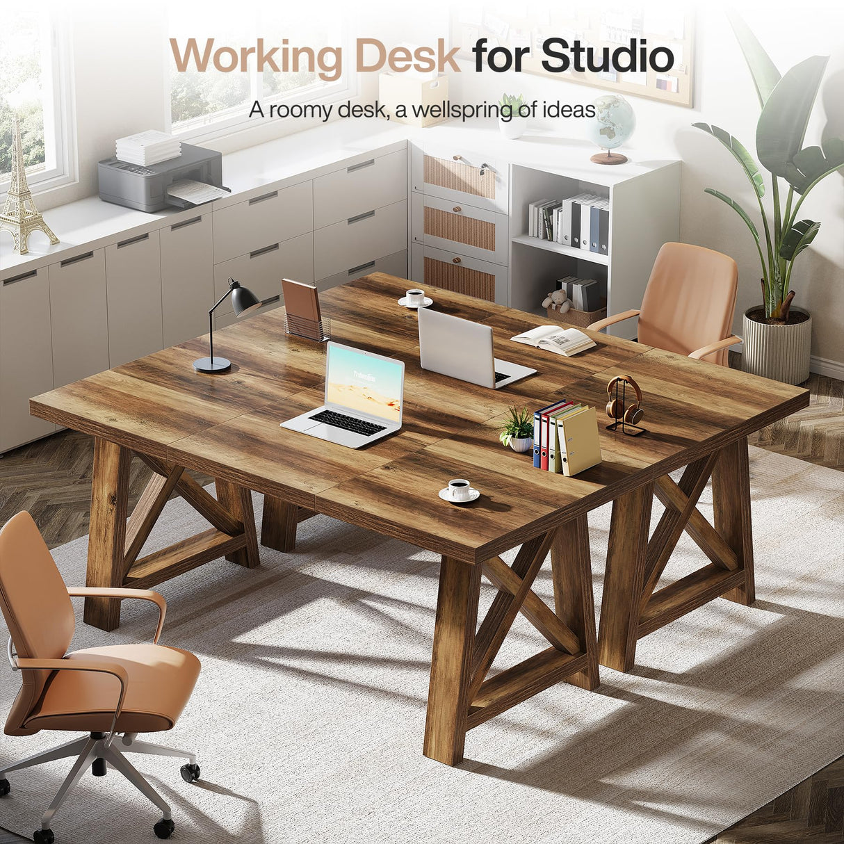 Tribesigns 63-Inch Executive Desk, Large Office Computer Desk with X-Shaped Legs, Modern Simple Workstation Study Writing Conference Table for Home Office, Rustic Brown Tribesigns