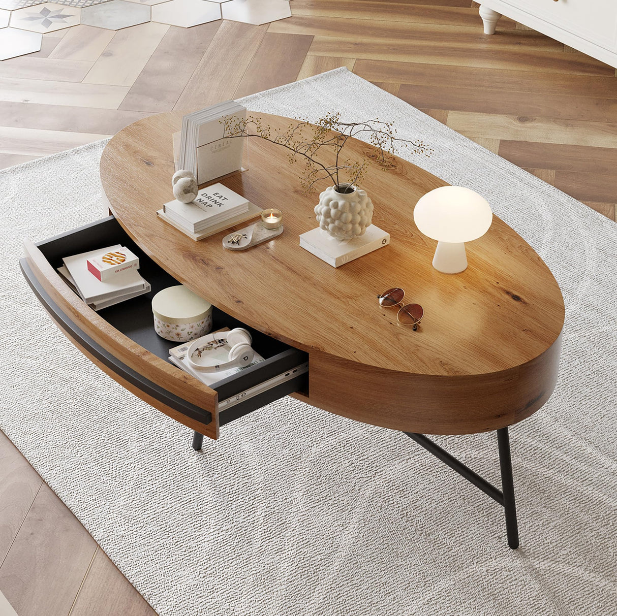 GarveeHome Oval Coffee Table with Drawer Mid-Century Modern Center Table 47.2“ Wooden Coffee Table with Storage and Cross Metal Legs Unique Curved Design for Living Room (Natural) GarveeHome