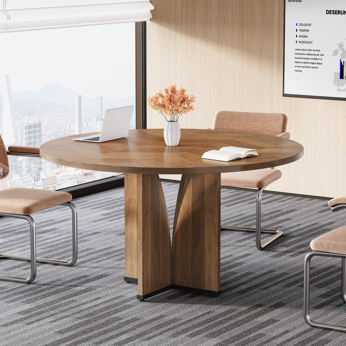 Tribesigns 39" Round Conference Table for 4, Modern Round Meeting Table with Sturdy Base, Small Compact Conference Room Tables for Office, Training, or Negotiation (Brown) Tribesigns