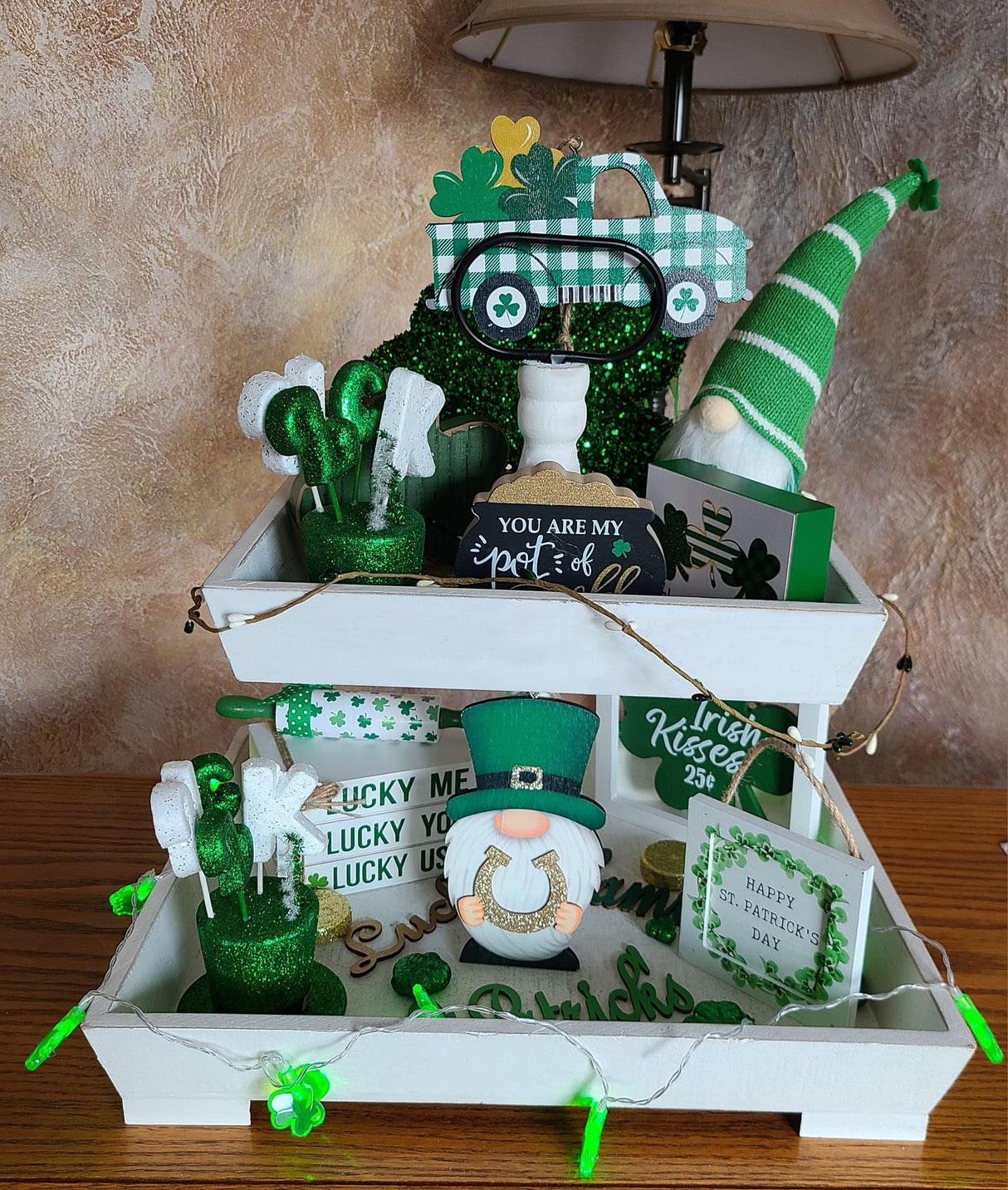 SHINGYU Rectangle Wooden 2 Tiered Tray, Tiered Farmhouse Tray, Kitchen Table Stand, Tier Serving Tray, for Food Fruits Cupcake Display Coffee Bar Home Party Seasonal Decorations (White) SHINGYU