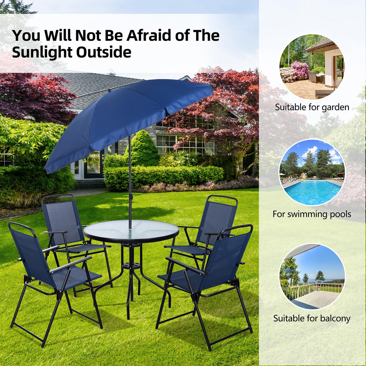 Vongrasig 6 Pieces Folding Patio Dining Set, All Weather Small Metal Outdoor Table and Chair Set, Garden Patio Furniture Set w/Umbrella, Glass Table & 4 Folding Chairs for Lawn, Backyard, Blue Vongrasig