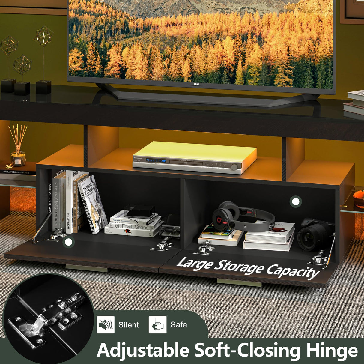 Clikuutory Modern LED 63 inch Long TV Stand with Large Storage Drawer for 50 55 60 65 70 75 Inch TVs, Black Wood TV Console with High Glossy Entertainment Center for Living Room, Bedroom, Black Clikuutory