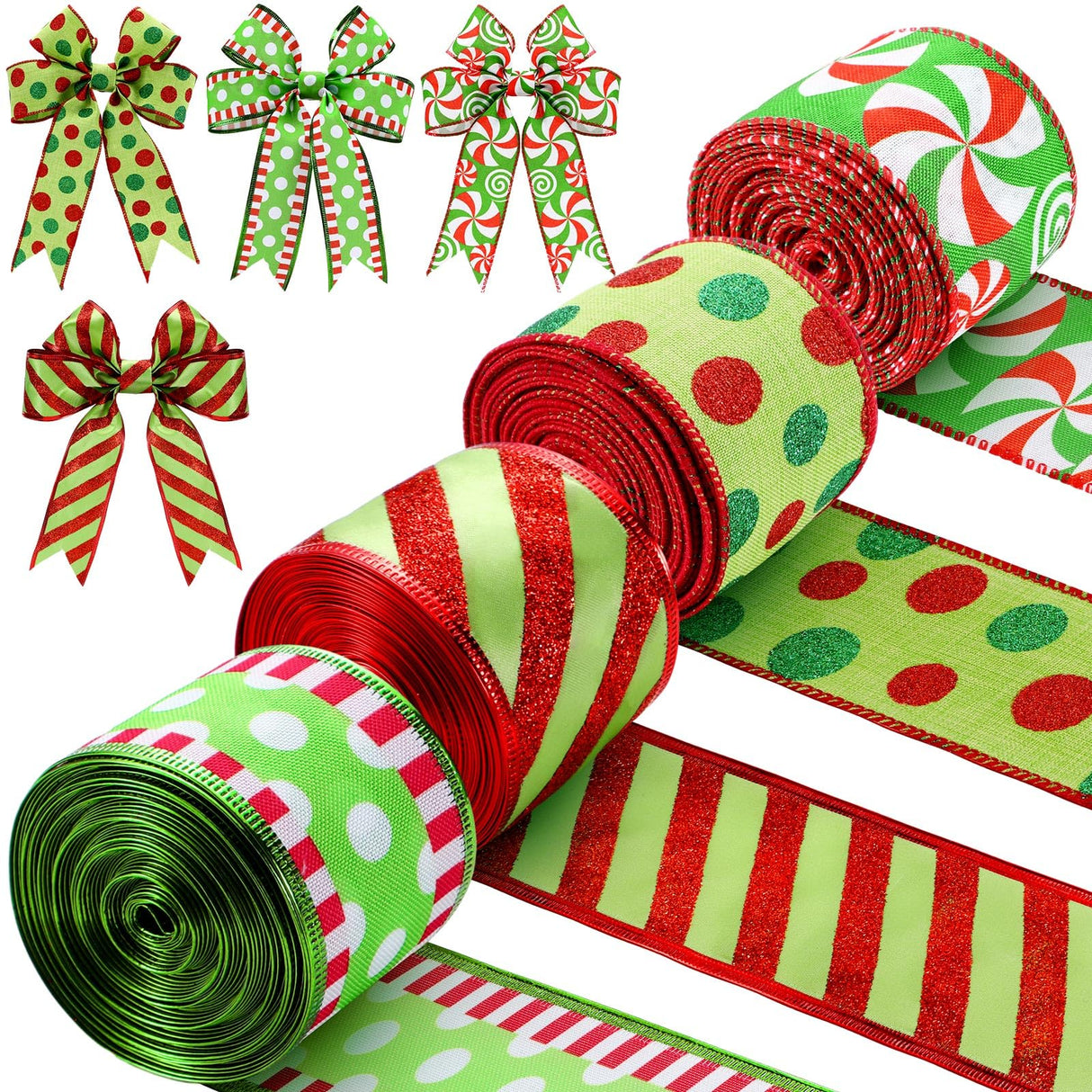 Riceshoot 4 Roll 40 Yards Christmas Wired Ribbon 1.97 Inch Red and Green Christmas Wrapping Ribbon Wide Wired Edge Polka Dot Glitter Stripe Decor for Xmas Holiday Wreath Bow Xmas Tree DIY Craft Riceshoot