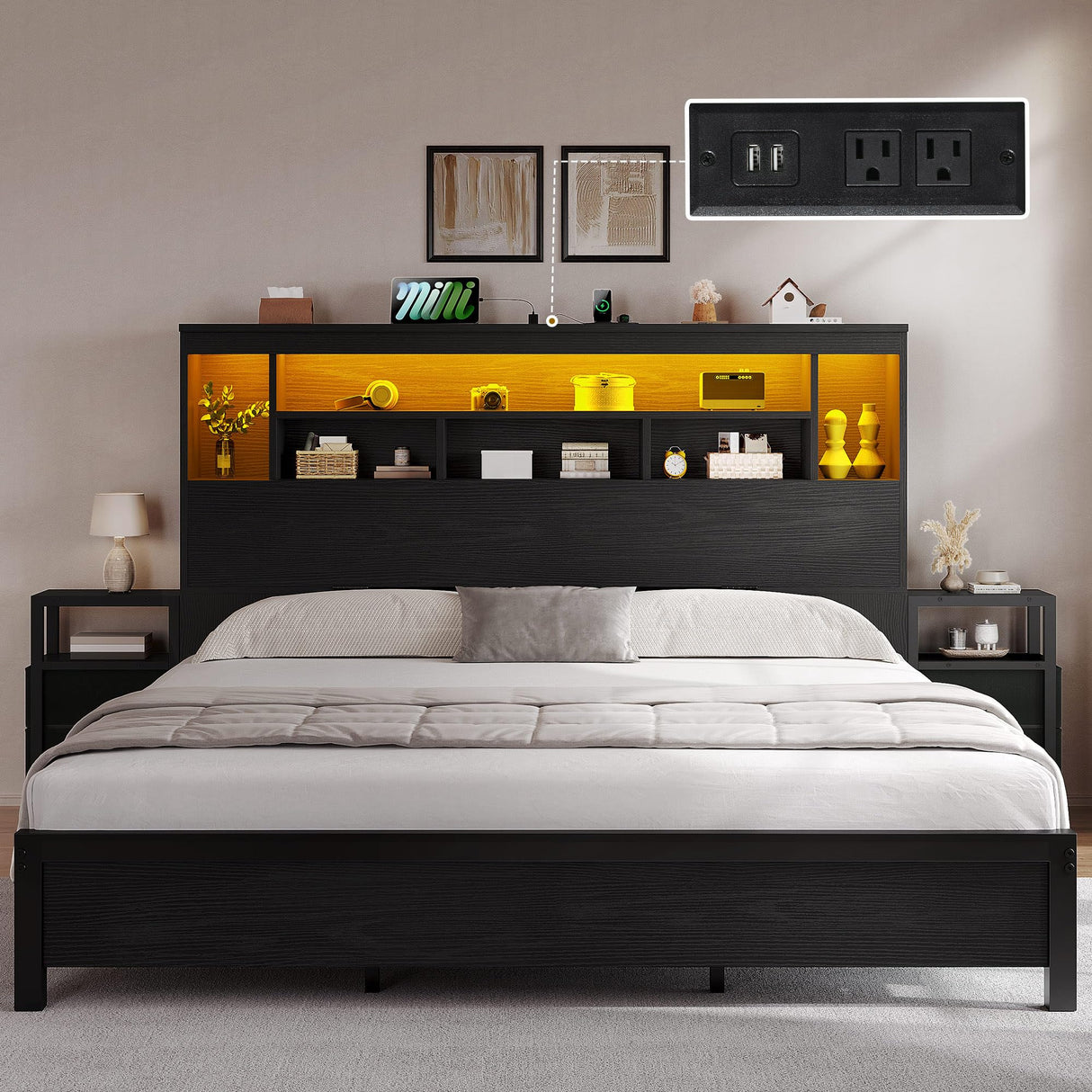 DWVO Queen Size Bed Frame with Storage Bookcase Headboard & LED Lights, Slide Out Bedside Storage, Charging Station, Heavy Duty Metal Slats, No Box Spring Needed, Noise-Free, Easy Assembly, Black DWVO