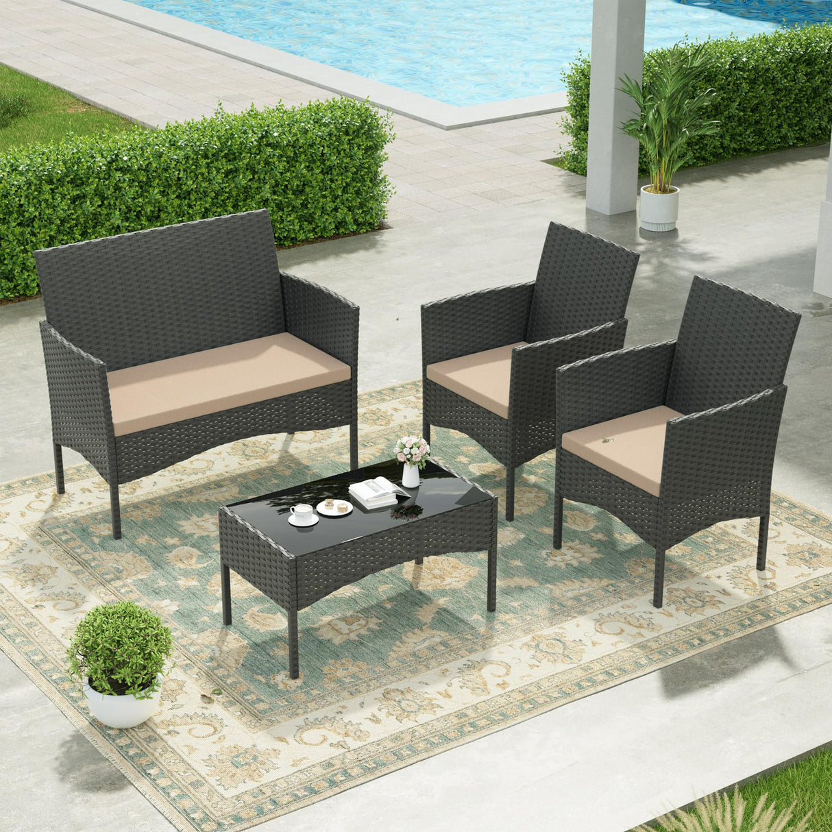 Kullavik 4 Pieces Outdoor Patio Furniture Set,PE Wicker Rattan Chairs Garden Conversation Sets with Tempered Glass Table and Soft Cushions for Lawn,Pool or Backyard,Sand Kullavik