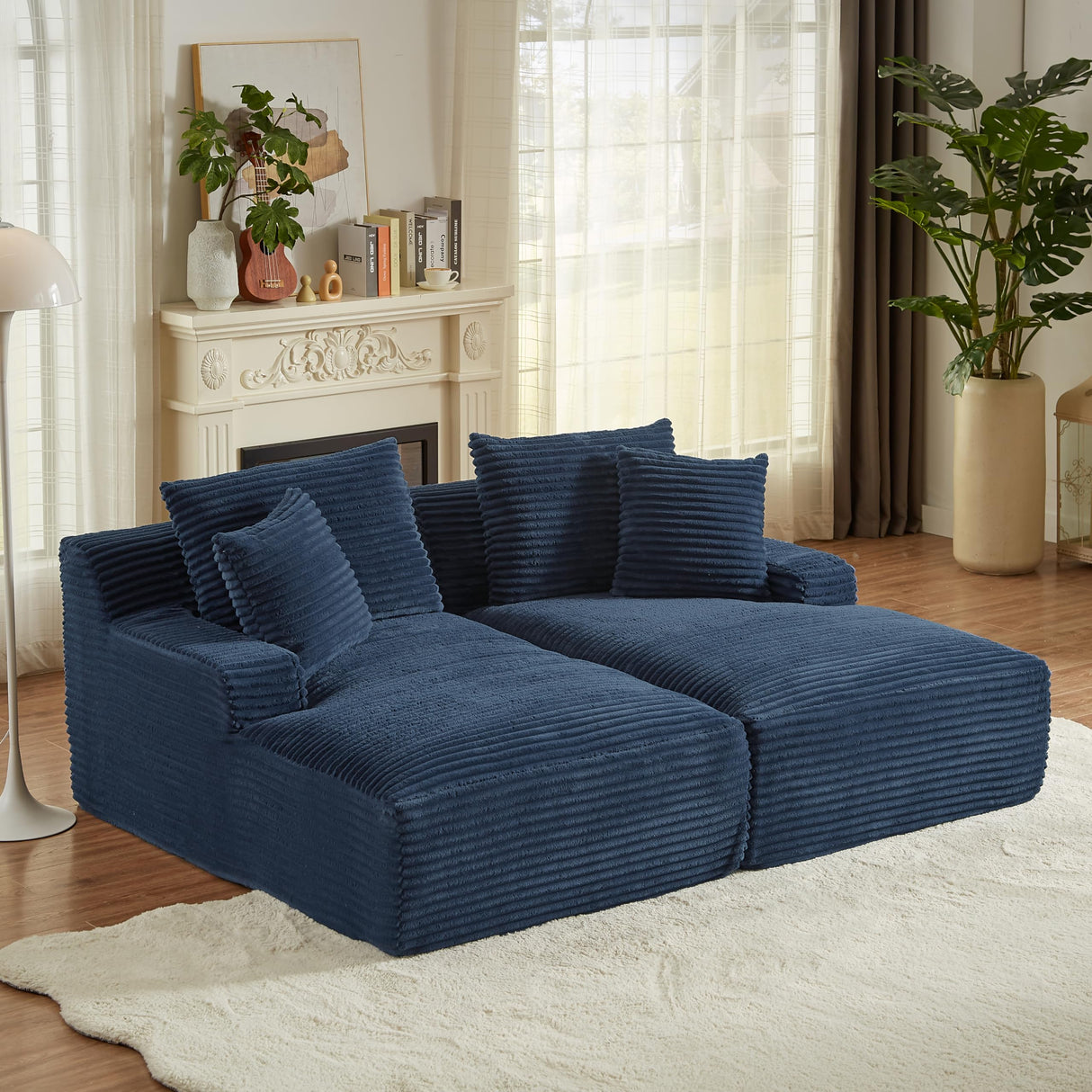 ComeWay 78" Oversized Double Lounge Chaise, Fluffy Upholstered Boneless Cloud Couch No Assembly Required with 4 Pillows, Modern Corduroy Loveseat Sleeper Sofa for Living Room Bedroom Reading, Blue ComeWay