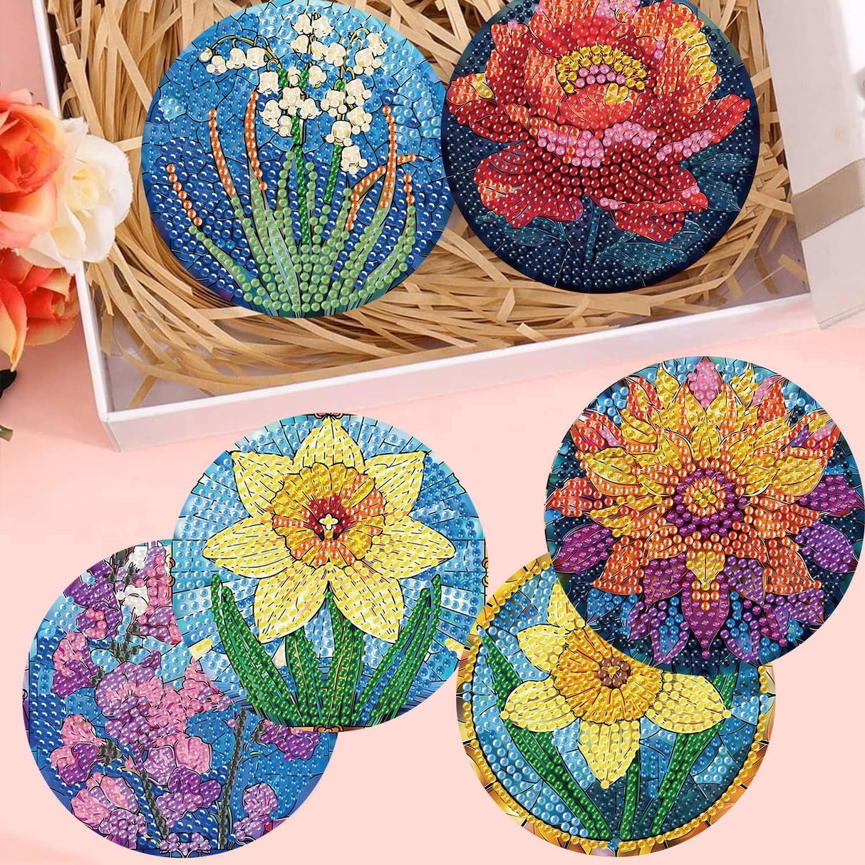 Zythron 8 PCS Diamond Art Coasters,Flowers Diamond Painting Coasters Kits Flower DIY with Holder DIY for Beginners, Adults, Diamond Art Kits for Adults Diamonds Art Crafts Supplies 4x4 in Zythron