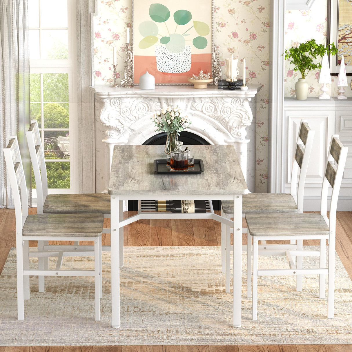 Hooseng Dining Table Set for 4, Wood Kitchen Table Chairs Set with Storage, Farmhouse 5 Piece Dining Room Table Set, Space-Saving Dinette Set for Breakfast Nook, Apartment Hooseng