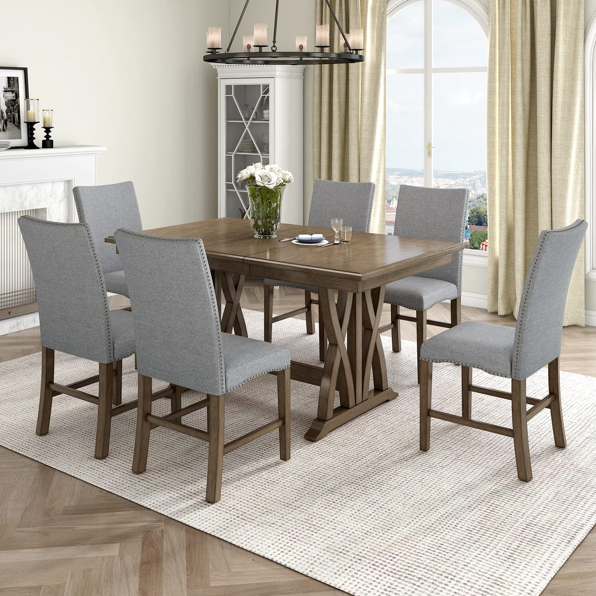 CITYLIGHT 7 Piece Dining Table Set, Extendable Table with 12” Leaf and 6 Upholstered Chairs, Wood Rectangular Dining Set, Mid-Century Kitchen Dining Table Set for 6 People (Golden Brown+Gray Cushion) CITYLIGHT