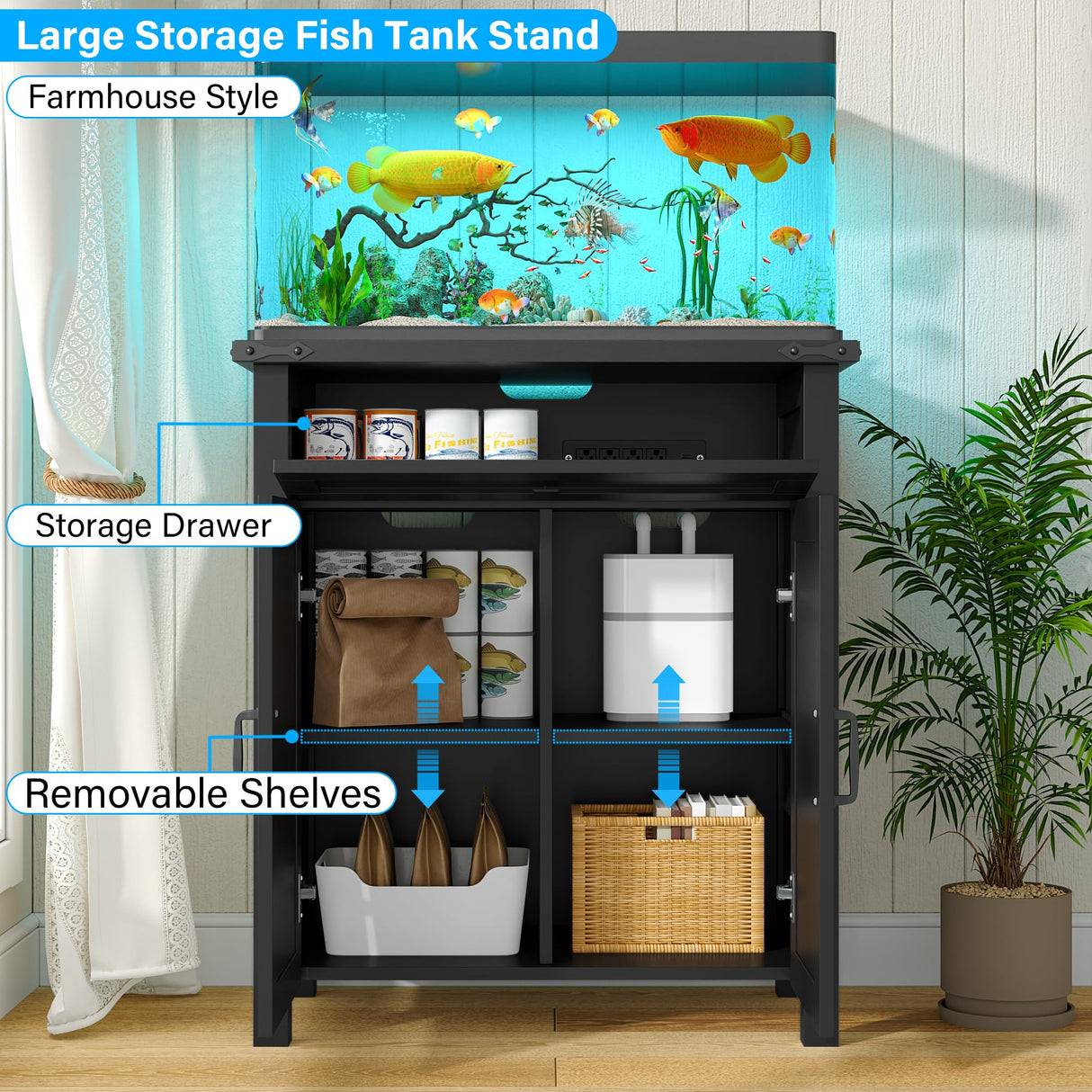 kepptory 20 Gallon Fish Tank Stand with Power Outlets, Farmhouse Decorative Aquarium Stand Furniture with Adjustable Shelves, 10-20 Gallon Reptile Turtle Tank Stand with Cabinet Storage (Black, 20GL) kepptory