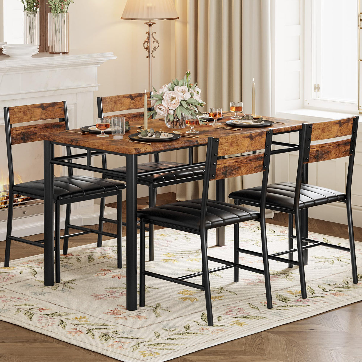 IRONCK Dining Table Set for 4, Wood Kitchen Table with Upholstered Chairs Dinning Table Set for Kitchen & Dining Room, Compact Dining Set for Small Spaces, Rustic Brown IRONCK