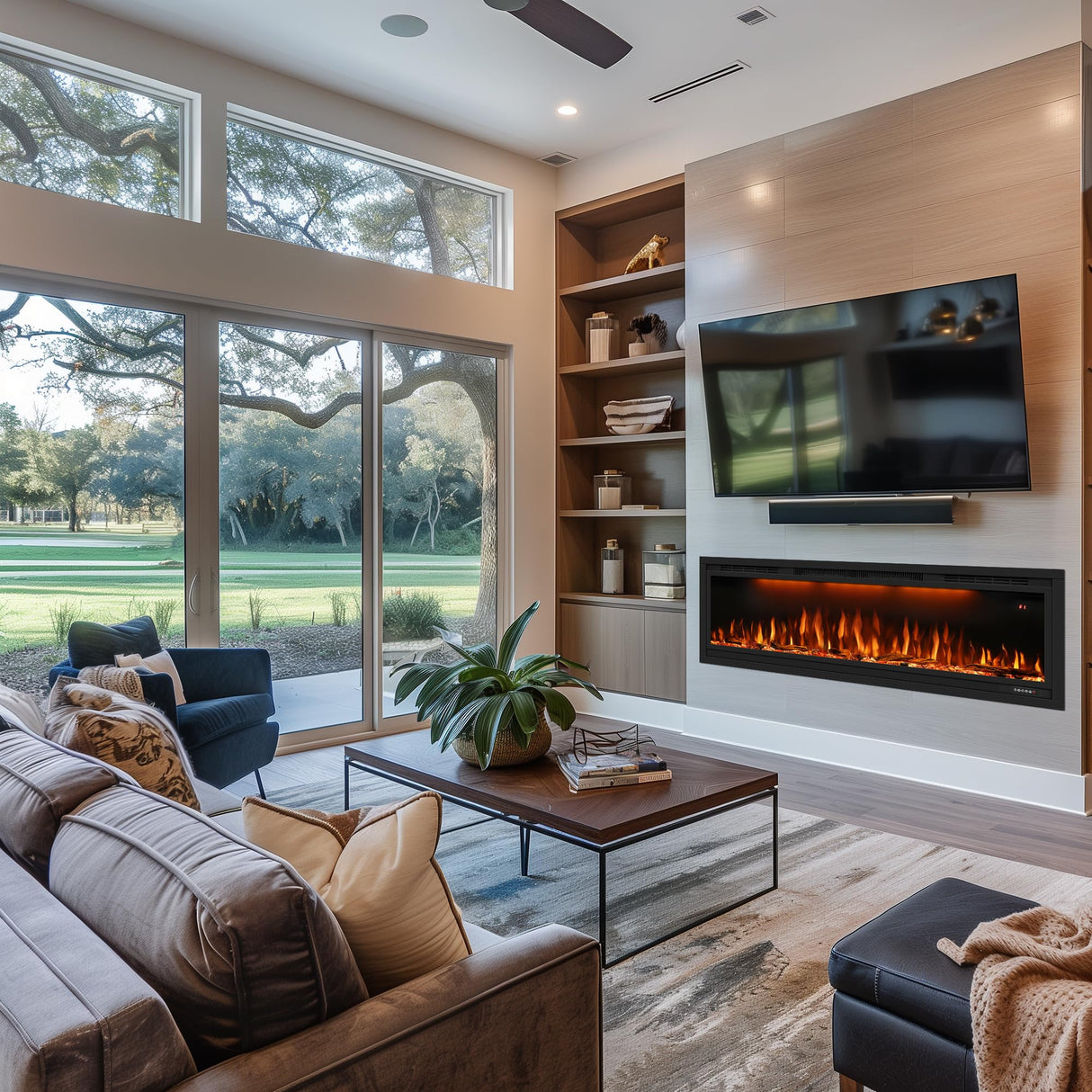 Dreamflame Electric Fireplace 74 inch, Recessed Wall Mounted Fireplace Heater, Logs & Crystal, Multicolor Flame Combinations, Overheating Protection, Black (74") Dreamflame