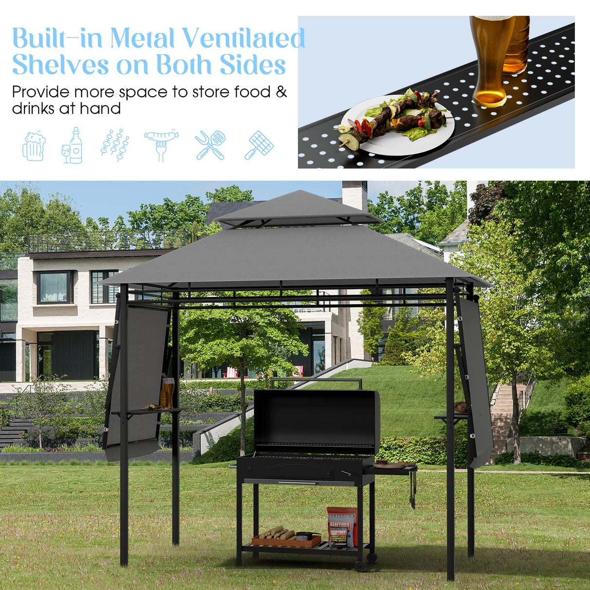 Tangkula 13.5x4 Ft Grill Gazebo with Dual Side Awnings, Double Tiered BBQ Gazebo with 2 Side Shelves, Heavy-Duty Steel Frame, CPAI-84 Barbecue Grill Gazebo Shelter for Patio, Garden, Beach, Terrace Tangkula