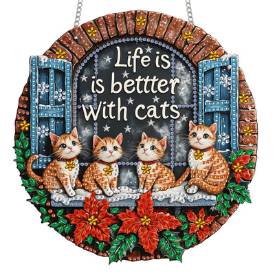 Reofrey Hanging Diamond Art Kits for Adults - 8x8 Inch Christmas Cat Acrylic Board Double Sided Pattern Diamond Art Suncatcher Pendant, DIY Crystal Art for Home Wall or Window Decoration Handmade Gift