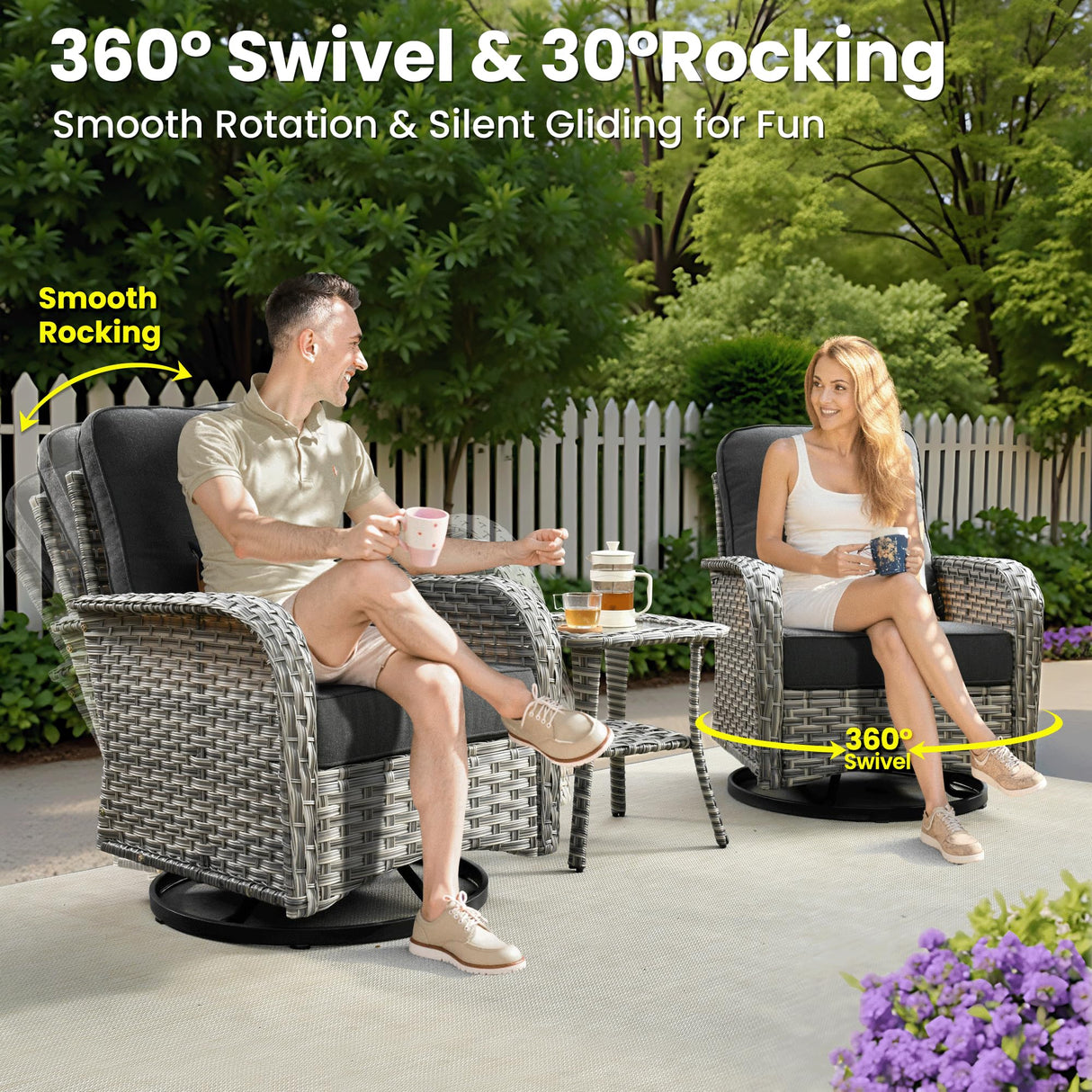 ovios 9 Pieces Patio Furniture Set Outdoor Sectional Sofa Couch with Fire Pit Table Rocking Swivel Chairs Deep Seat Chaise, Modern Modular Wicker Rattan Conversation Set, Black ovios