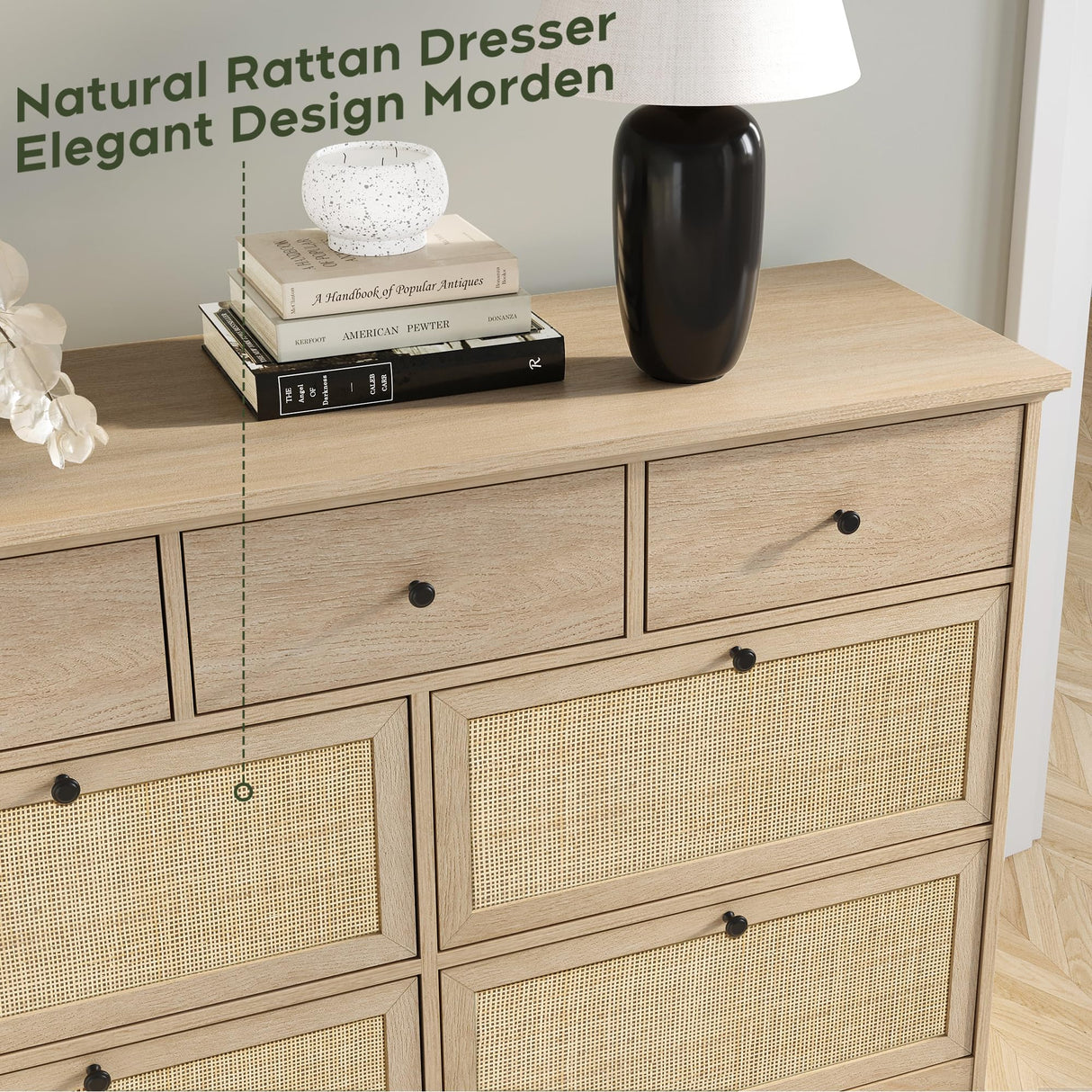 7 Drawers Natural Rattan Dresser for Bedroom, Mid Century Modern Dresser Wooden Cane Dressers with Elegant Tabletop, Boho Drawer Dresser TV Stand with Sturdy Base for Living Room, Kids Room, Nursury Yechen