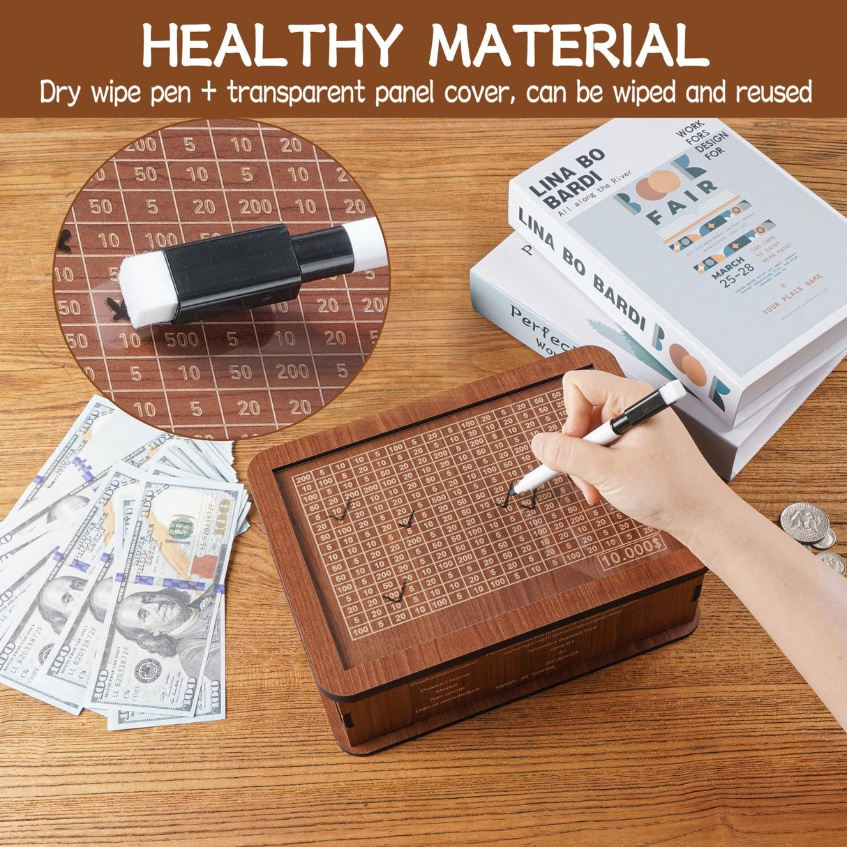 Cash Vault Wooden Savings Box, Piggy Bank for Adults Kids, Coin Bank for Boys and Girls, Unique 10000 Savings Challenge Box, Wooden Cash Savings Box with Money Target and Numbers (10000 Dollar) FOLENCER