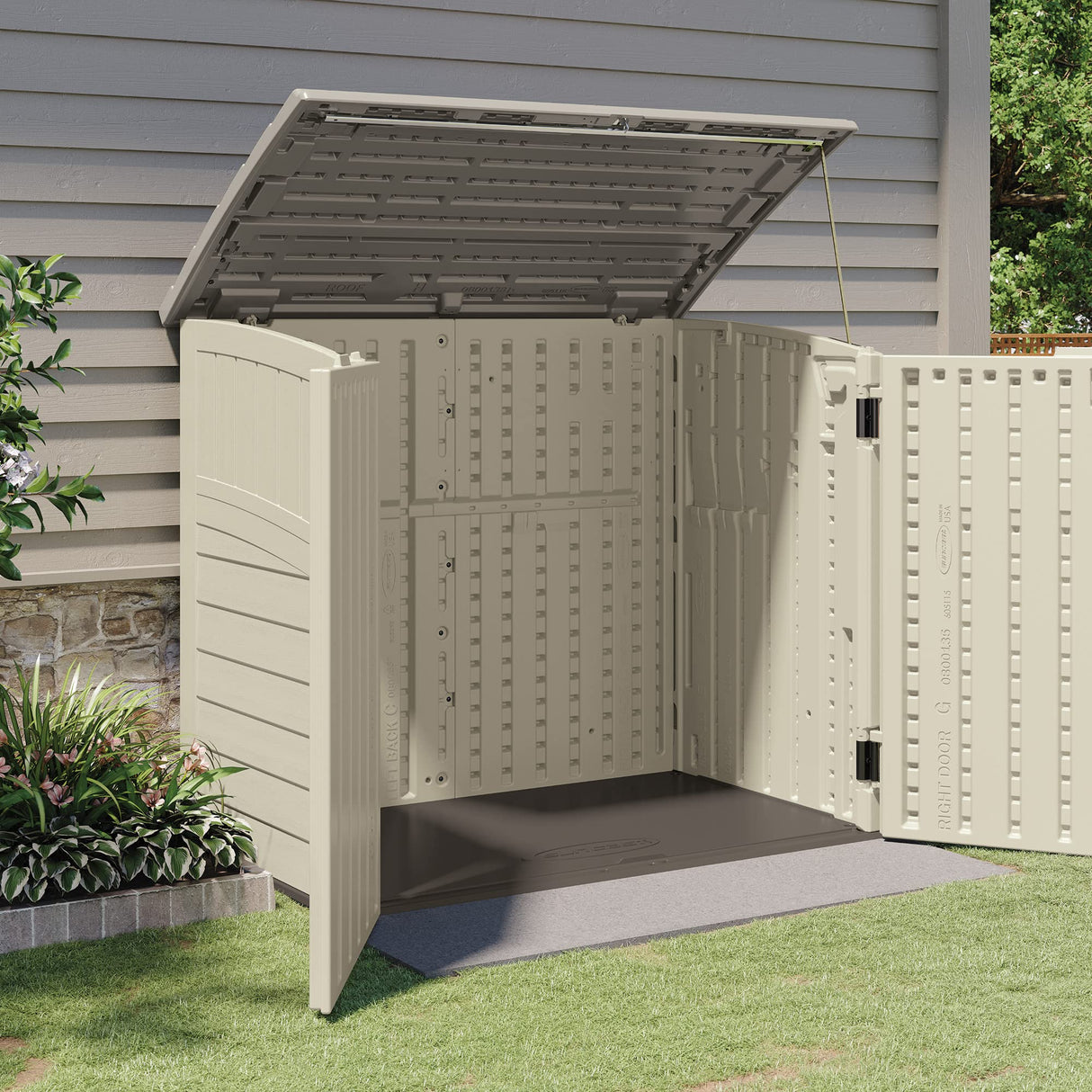 Suncast 2 Pack 34 Cu Ft Capacity Horizontal Outdoor Storage Shed for Garbage Cans, Garden Accessories, Backyard, and Patio Use, Vanilla Suncast