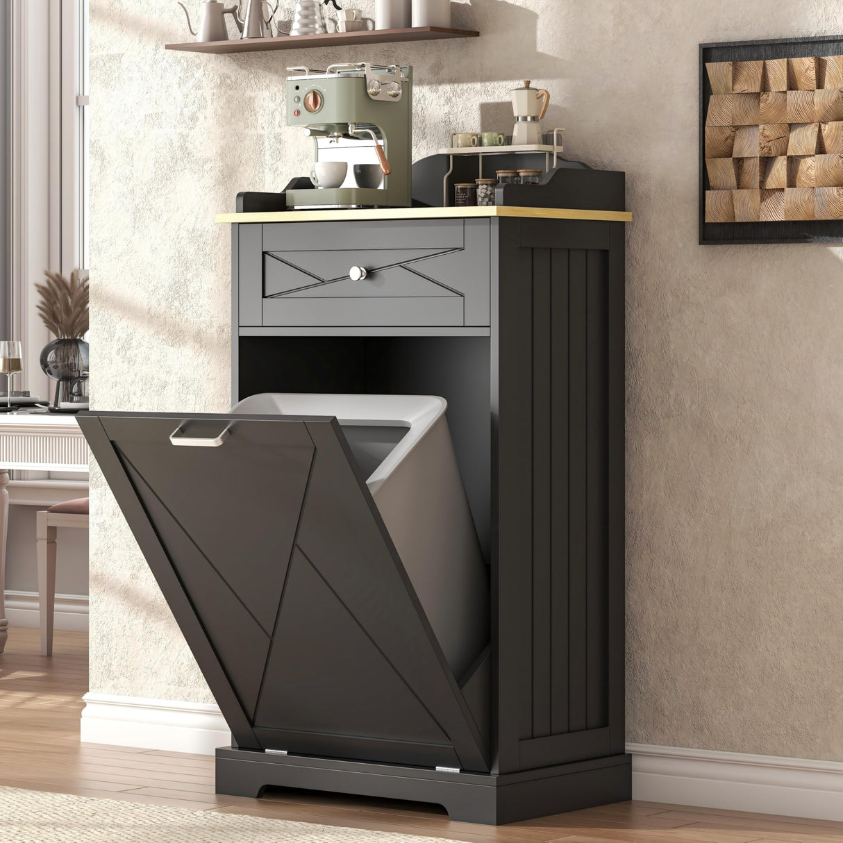 Tilt Out Laundry Hamper Cabinet with Drawer, Tilt Out Trash Can Cabinet 12 Gallon, Kitchen Island with Trash Can Cabinet, Trash Garbage Can Bin Cabinet for Laundry Room, Kitchen (Black, single door) Jehiatek