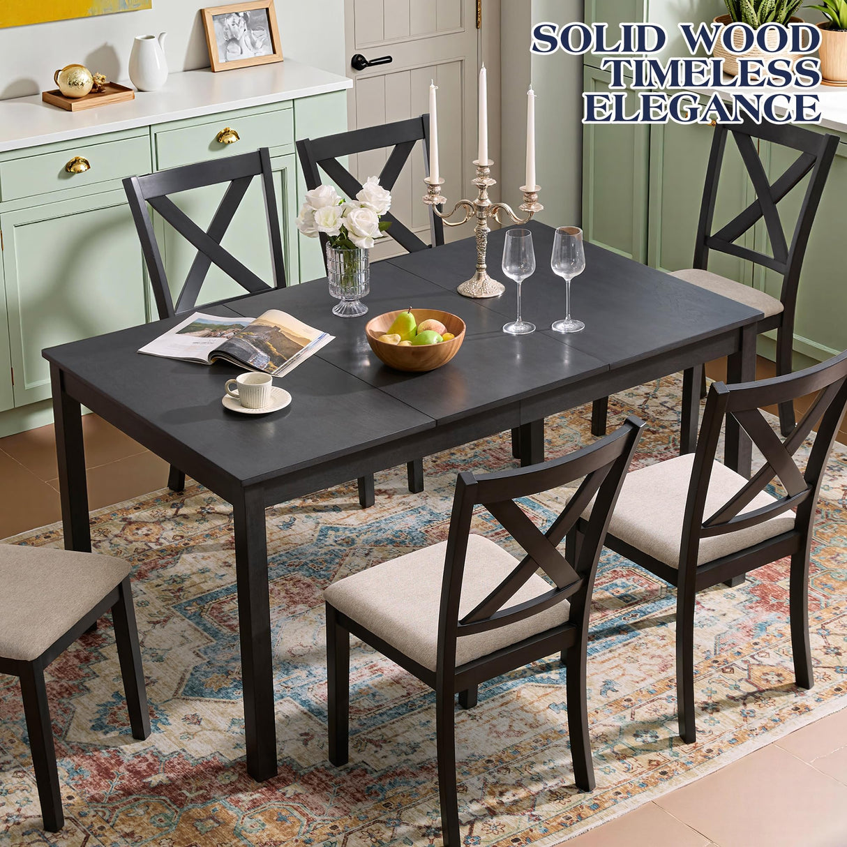 YUMPIE 7-Piece Farmhouse Dining Table Set for 6 People, 60" Wood Dining Kitchen Table & Chairs Set, Kitchen Table with 6 Upholstered Chairs, Perfect for Restaurant, Grey & White YUMPIE