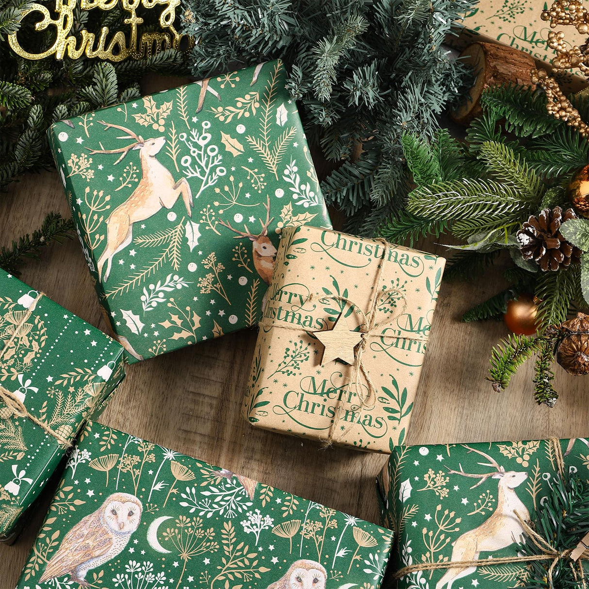 RUSPEPA Christmas Kraft Wrapping Paper - Owl, Reindeer, Christmas Ball and Text Design - 4 Rolls - 30 inches x 10 feet per Roll RUSPEPA