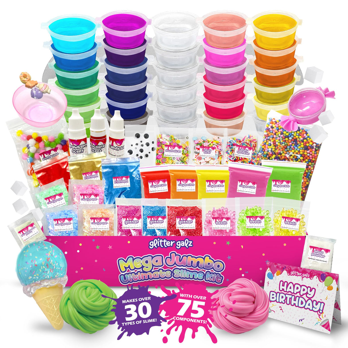 75-Pc Jumbo Mega Birthday Party Slime Favors Kit for Girls Ages 6 7 8 9 10, 11 and 12-30 DIY Slime Kit Soft, Color Slime Gels, Clear, Butter, Glitter, Crunchy, and Glow in Dark Slime Making Kits Glitter Galz