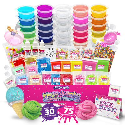 75-Pc Jumbo Mega Birthday Party Slime Favors Kit for Girls Ages 6 7 8 9 10, 11 and 12-30 DIY Slime Kit Soft, Color Slime Gels, Clear, Butter, Glitter, Crunchy, and Glow in Dark Slime Making Kits