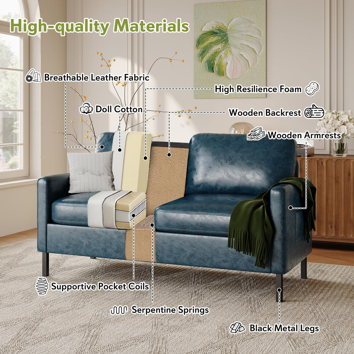 STHOUYN 57" W Faux Leather Loveseat w/ 2 USB, Small Loveseat Sofa w/Side Pockets, Wooden Frame Small Couch w/Metal Legs, Office Mini Couch for Dorm, Bedroom, Apartment (Blue, 2 Seater) STHOUYN