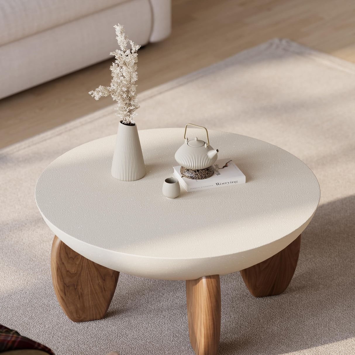 homary Round Concrete Coffee Table with Premium Walnut Ash Wood Legs, Modern Minimalist Cement Finish Center Table for Living Room homary