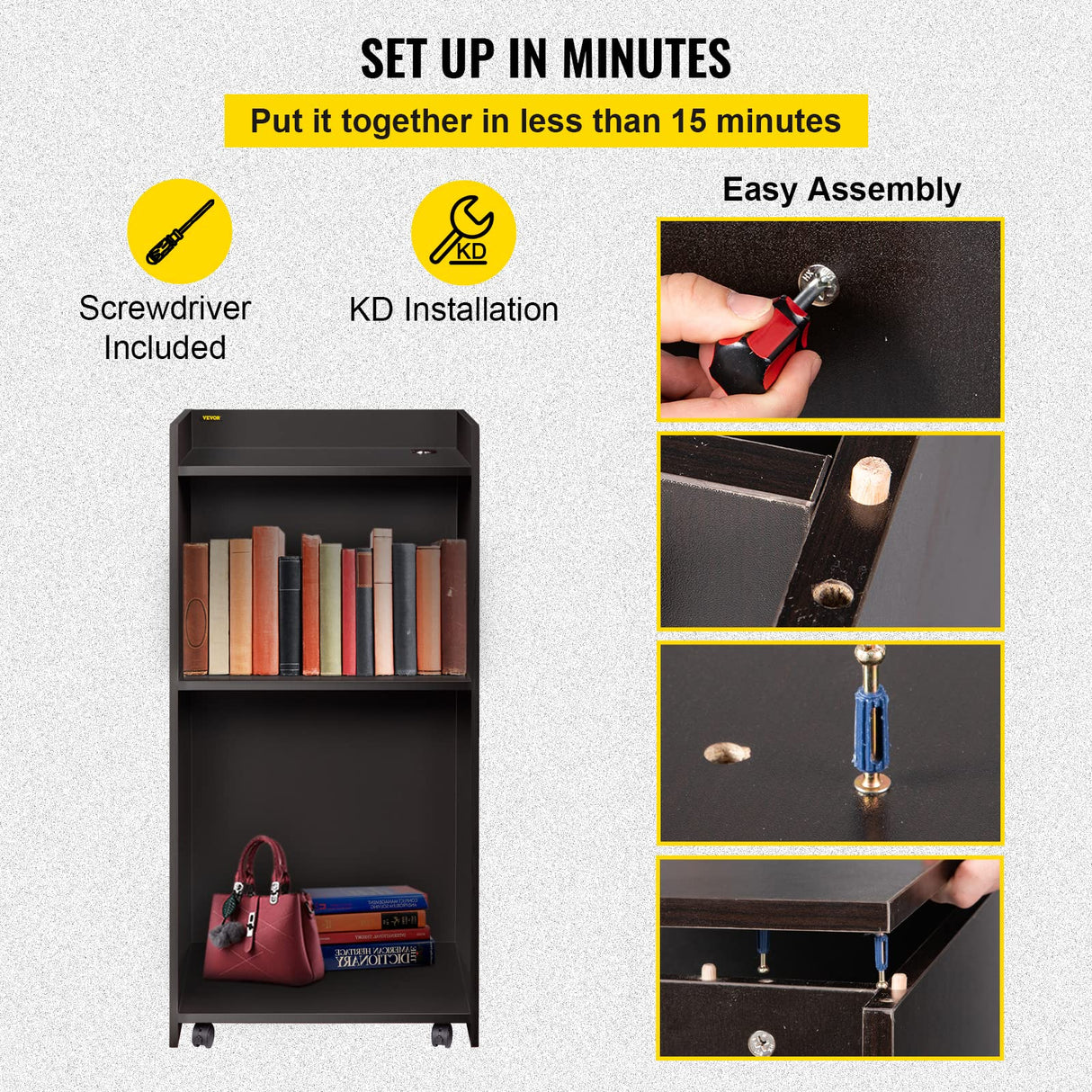 VEVOR Wood Podium, 23.6" x 47.2", Lecterns and Podiums with 4 Rolling Wheels, Flat Surface, Baffle Plate & Shelf, Easy Assembly Ebony Lecterns for Church, Office, School, Home Black VEVOR