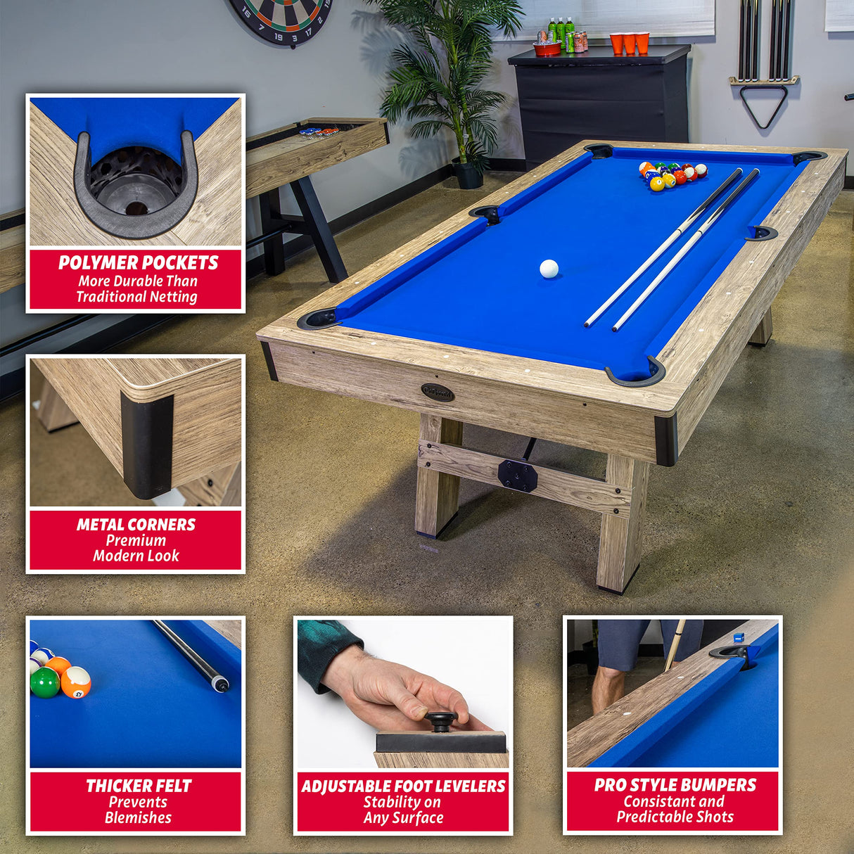 GoSports 7 ft Pool Table with Wood Finish - Modern Billiards Table with 2 Cue Sticks, Balls, Rack, Felt Brush and Chalk - Choose Your Style GoSports