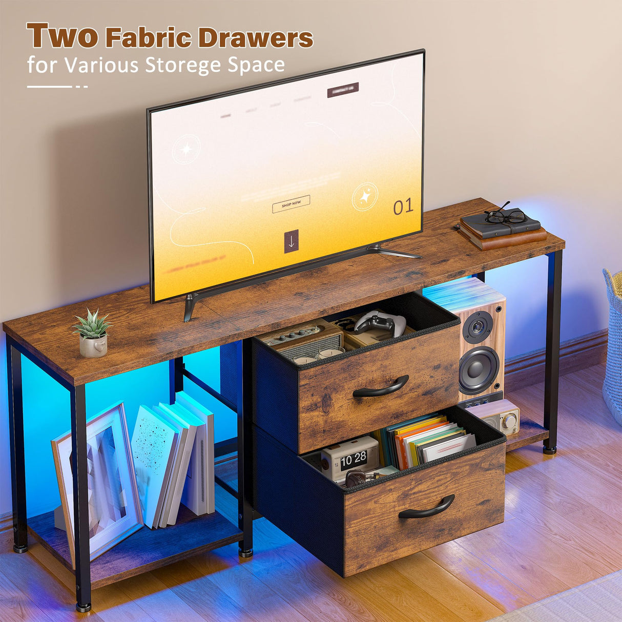 LED TV Stand Dresser for TVs up to 55 Inch, Entertainment Center with 2 Fabric Drawers and 2 Open Storage Shelves, Coffee Table Television Stands for Living Room, Bedroom, Wood Top, Rustic Brown EnHomee
