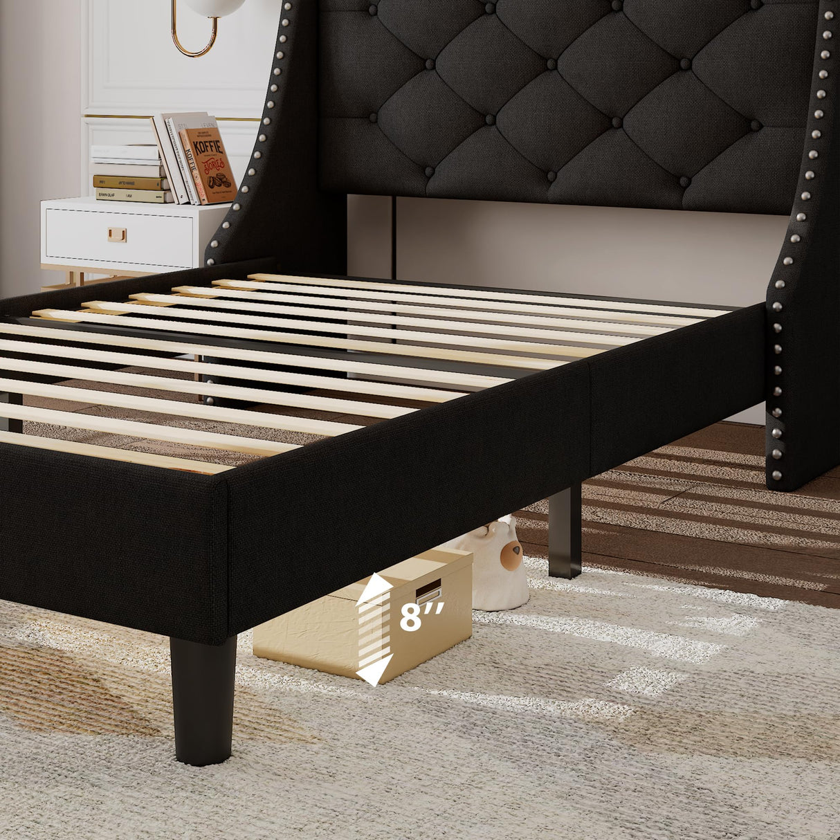 Feonase Twin Bed Frame with Luxury Wingback Upholstered Button Tufted Storage Headboard, Twin Platform Bed with Charging Station, Sturdy Wooden Slats Support, Noise-Free, Easy Assembly, Black Feonase